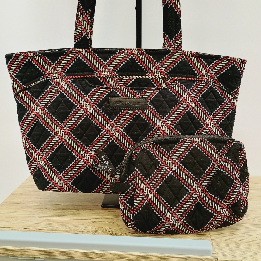 Vera Bradley Minsk Plaid Shoulder Tote Quilted Cotton Bag And Cosmetic Case Set - Picture 2 of 12